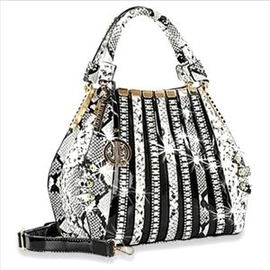 Embossed Snakeskin Print Rhinestone Handbag